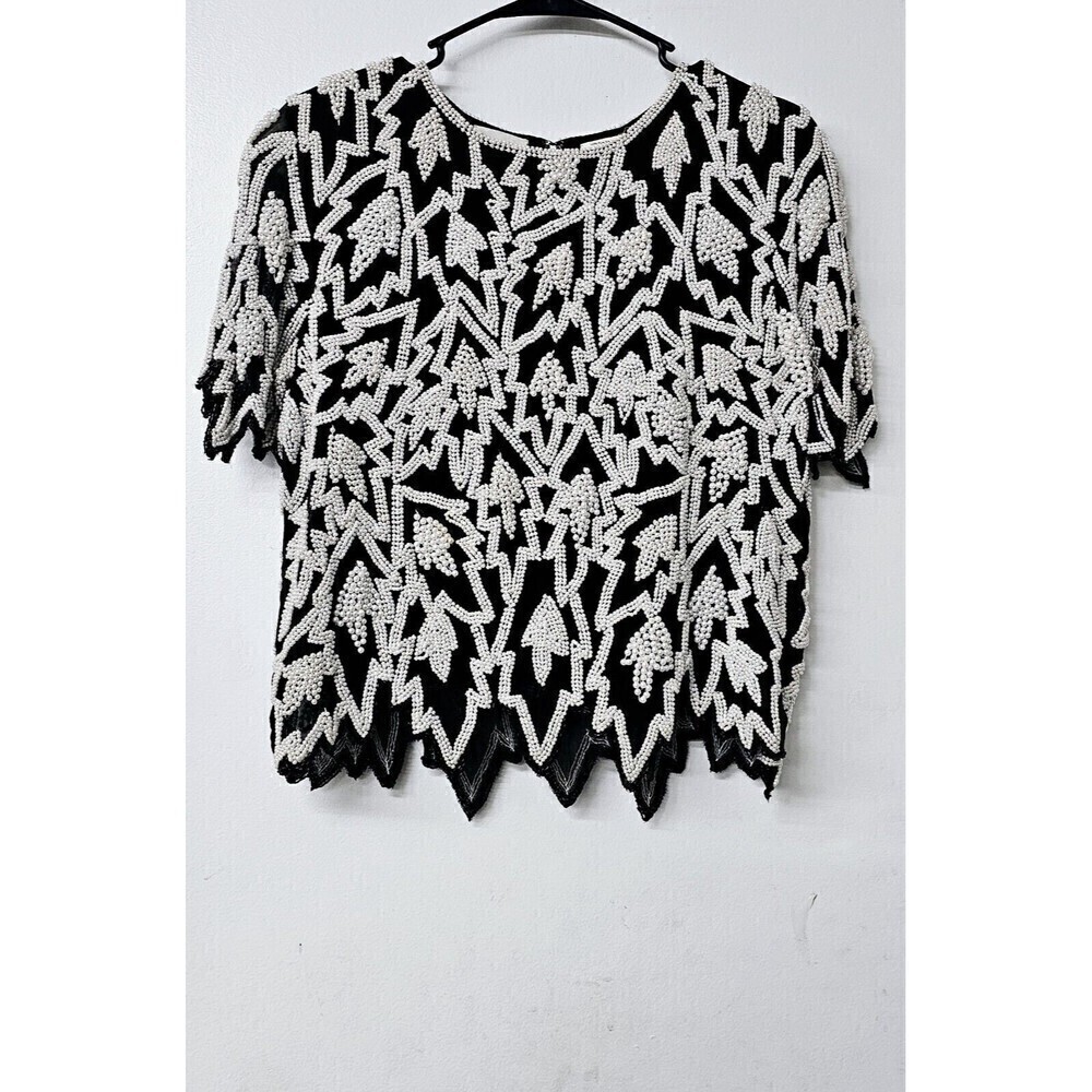 SEE LO Vintage 100% Silk All Over Beaded Pearls Short Sleeve Women Shirt Blouse
